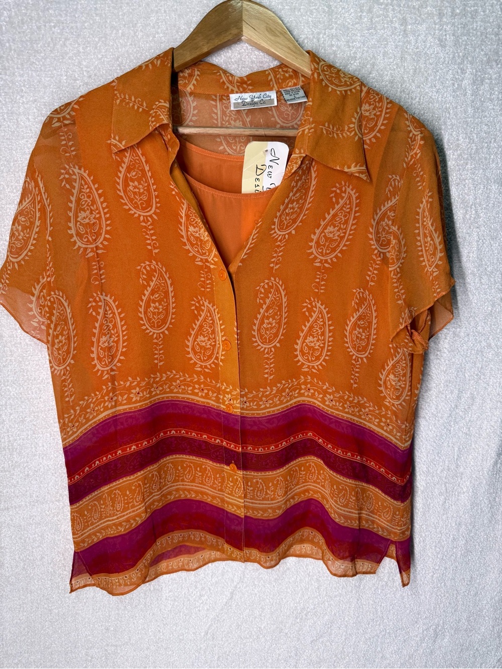 New York City Design Co. 100% Silk Orange Paisley Layered Top Size Large